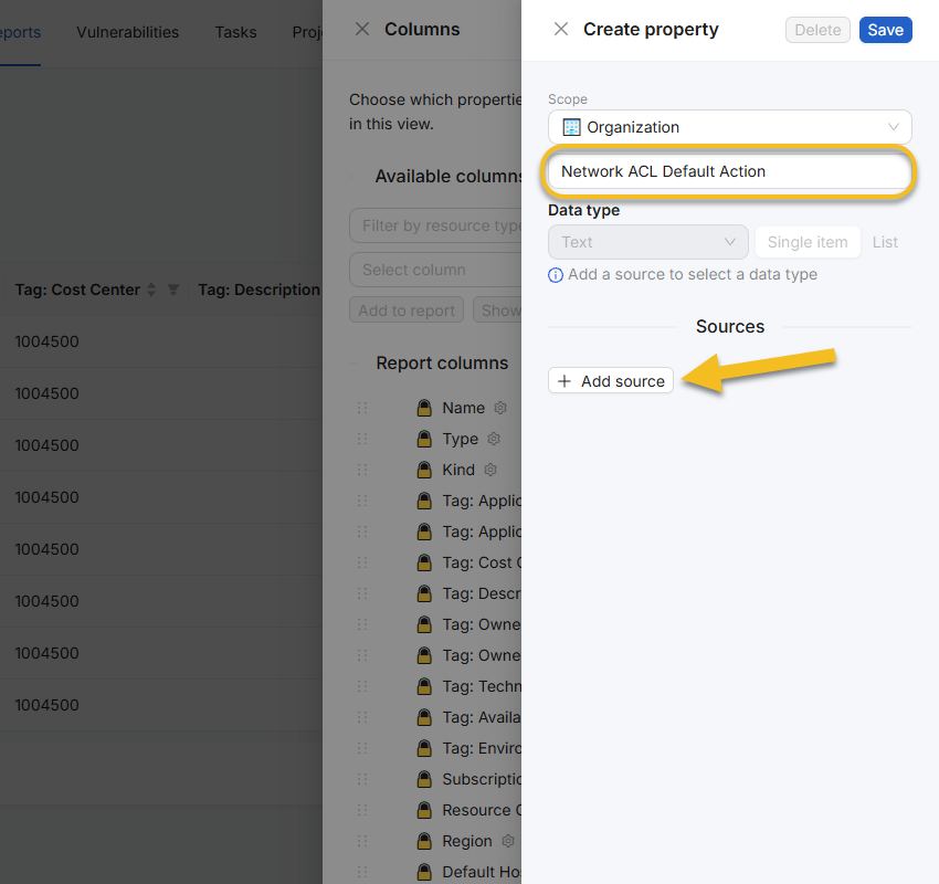 Opening the Create property drawer from the Columns drawer in NubOps Resource Reports