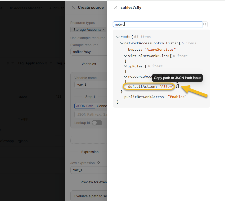Picking a nested Azure JSONPath expression from a live example resource in the NubOps JSON view drawer