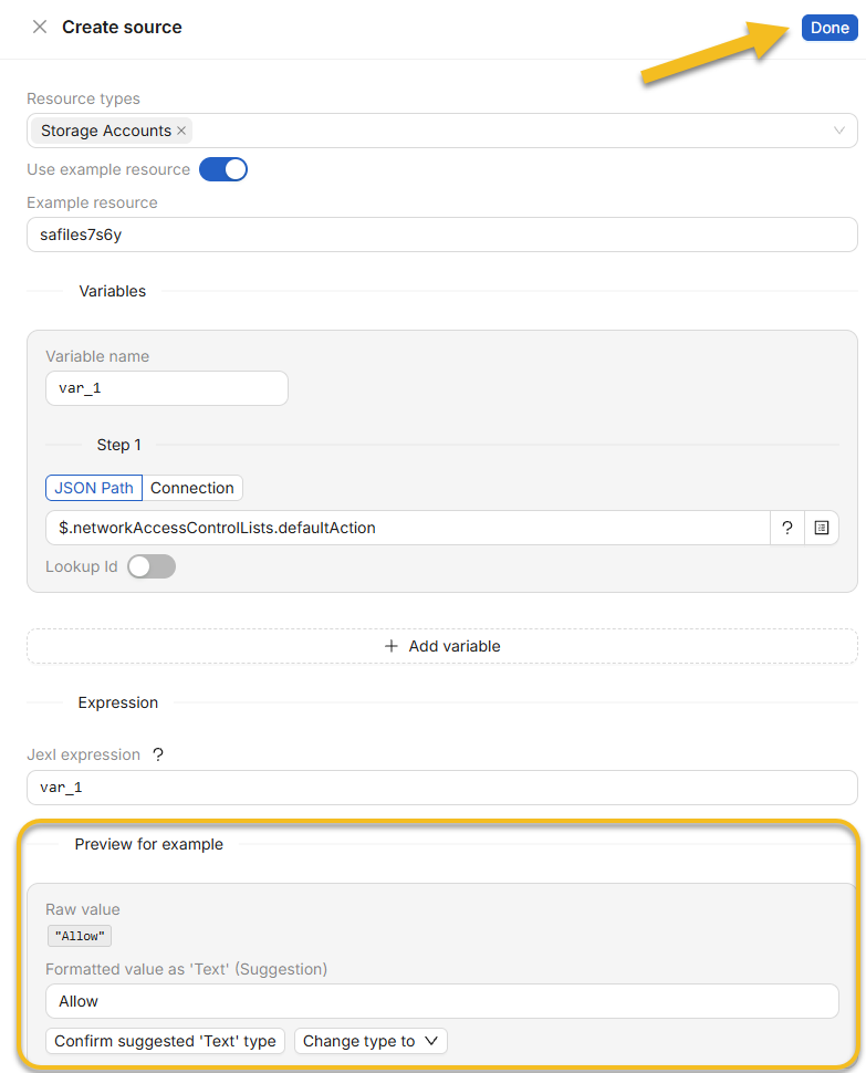 Previewing the evaluated JSONPath value and confirming the data type in the NubOps Create source drawer