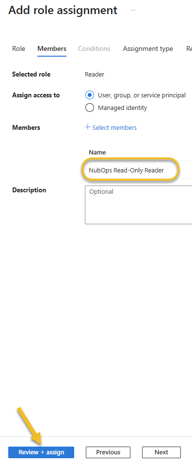 Assigning the Reader role to the NubOps App Registration in Azure Subscription Access control (IAM)
