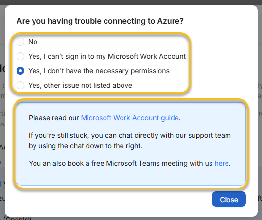 NubOps troubleshooting modal when Microsoft Work Account connection encounters an Entra ID error