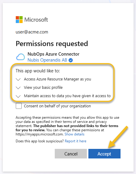 Microsoft Entra ID permissions consent prompt for the NubOps Azure Connector enterprise application