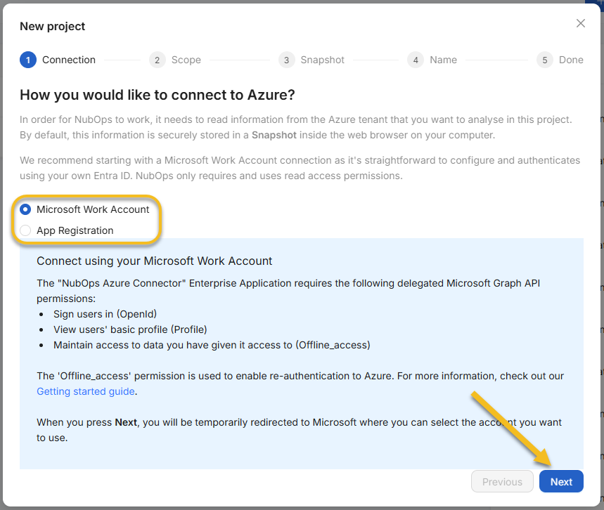 Selecting Microsoft Work Account or App Registration in the NubOps New project Connection step