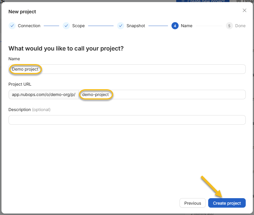 Naming the project and configuring the Project URL slug in the NubOps Name step