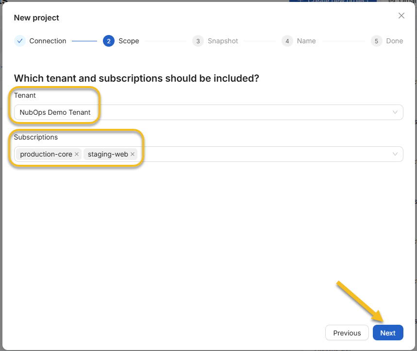 Choosing the target Azure tenant and subscriptions in the NubOps Scope step