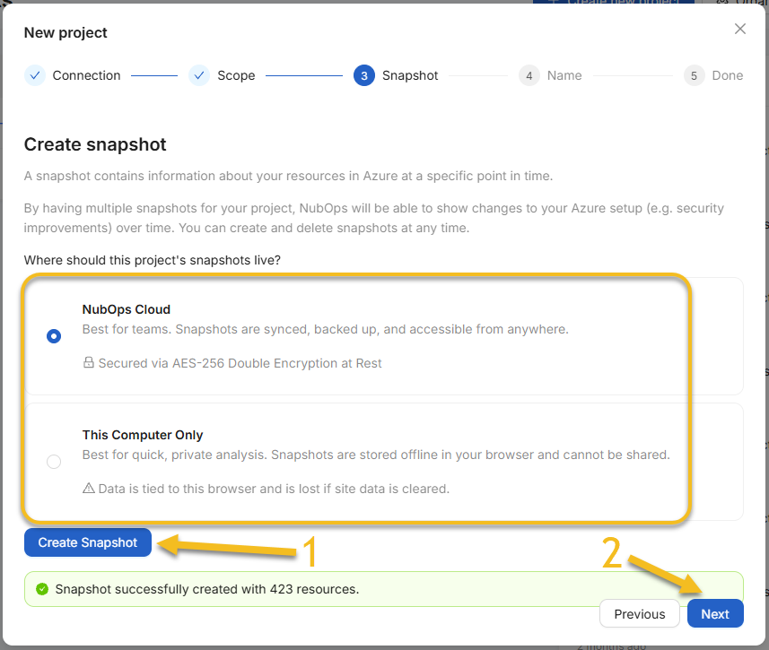Choosing NubOps Cloud or This Computer Only storage and creating the first Azure snapshot