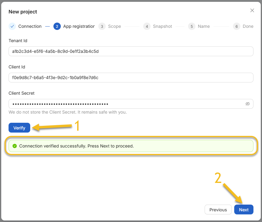 Entering Tenant Id, Client Id, and Client Secret and clicking Verify in the NubOps New project wizard