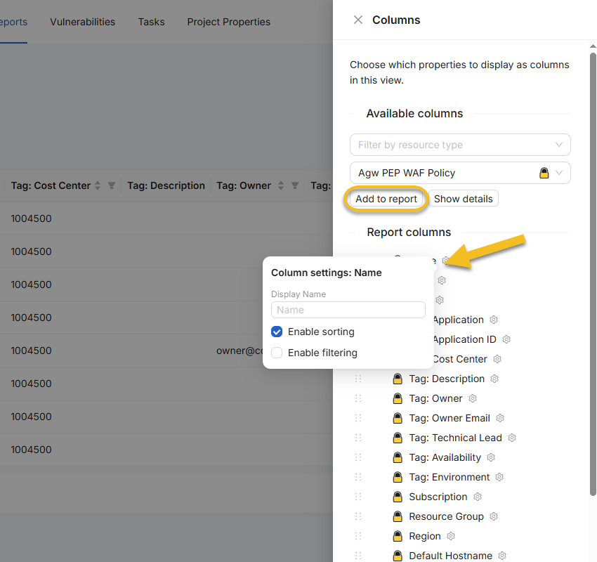Customizing Azure resource report columns and column settings in the NubOps Columns drawer