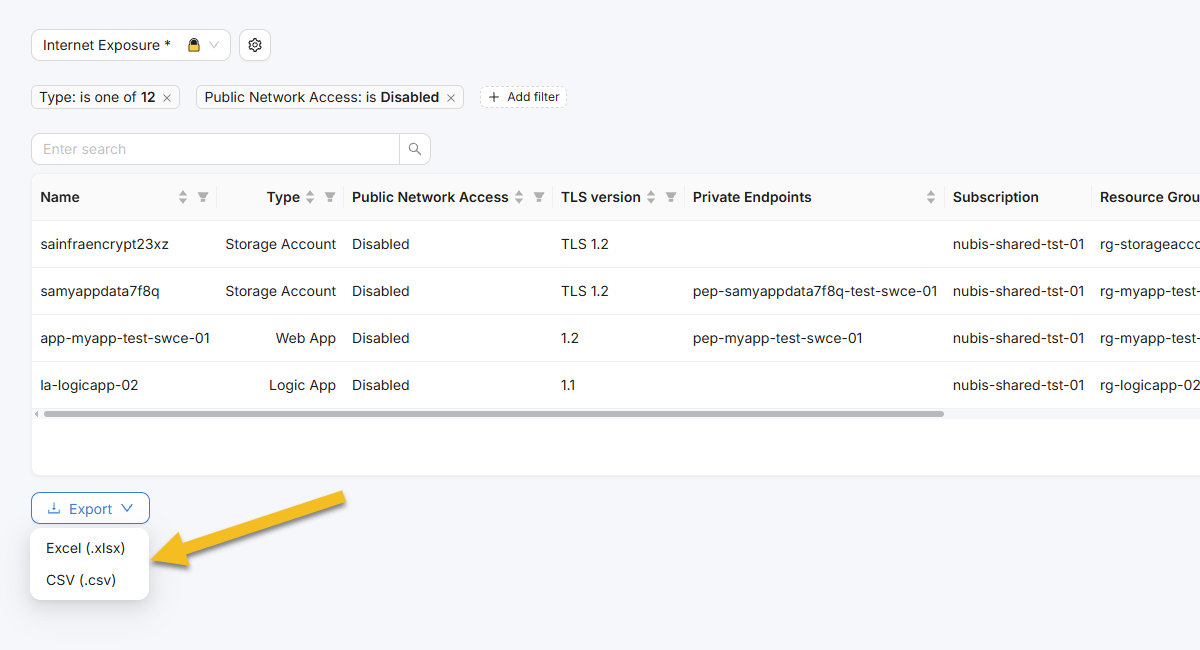 Exporting filtered Azure resource inventory report to Excel or CSV in NubOps