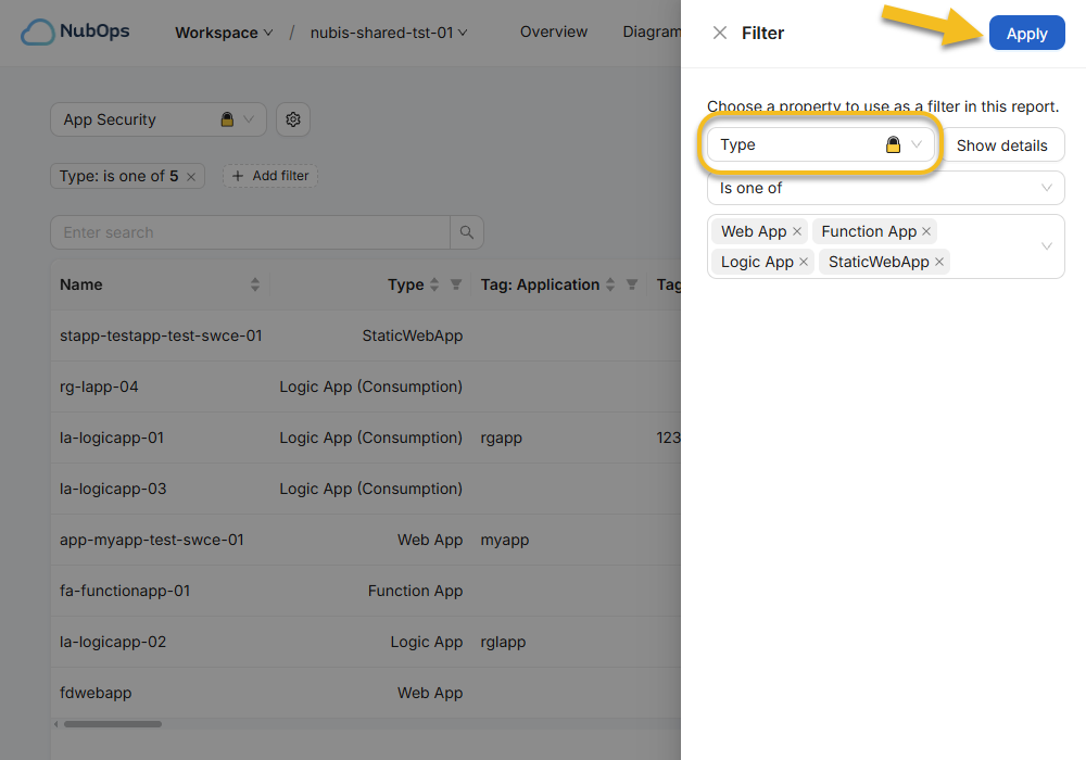 Filtering Azure resource inventory report by resource type in the NubOps Filter drawer