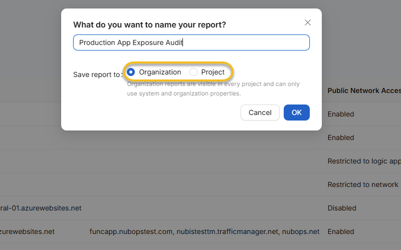 Saving a custom Azure resource report at the Organization or Project scope in NubOps