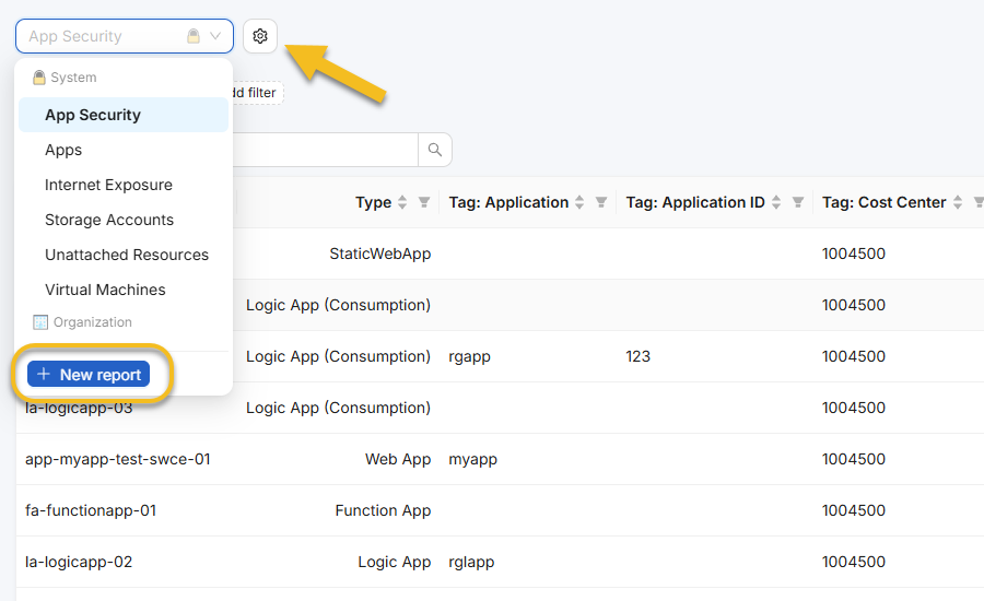 NubOps Resource Reports selector dropdown showing System, Organization, and Project report templates